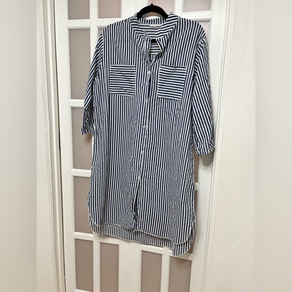 Italian Cotton Striped Swim Cover Up Shirt Dress Blue White One Size